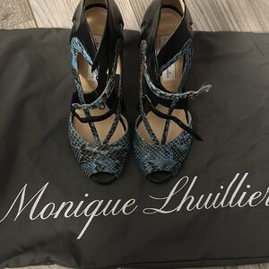 Monique Lhuillier snake skin blue multi color peeptoe heels